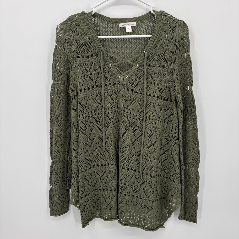 John Paul Richard Sweater Womens Medium Olive Green Excellent Lace Up Open Knit